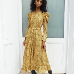 Greta Yellow Print Midi Dress With Puff Sleeve