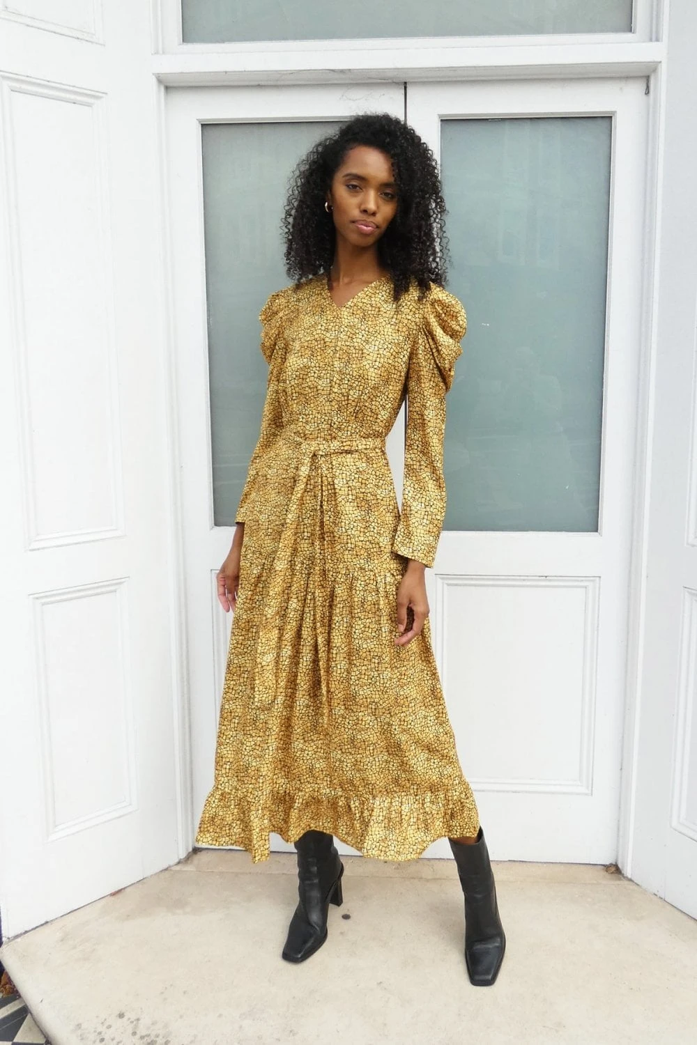 Greta Yellow Print Midi Dress With Puff Sleeve 1 Greta Yellow Print Midi Dress With Puff Sleeve