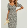 Heart Neck Puff Sleeve Midi Dress