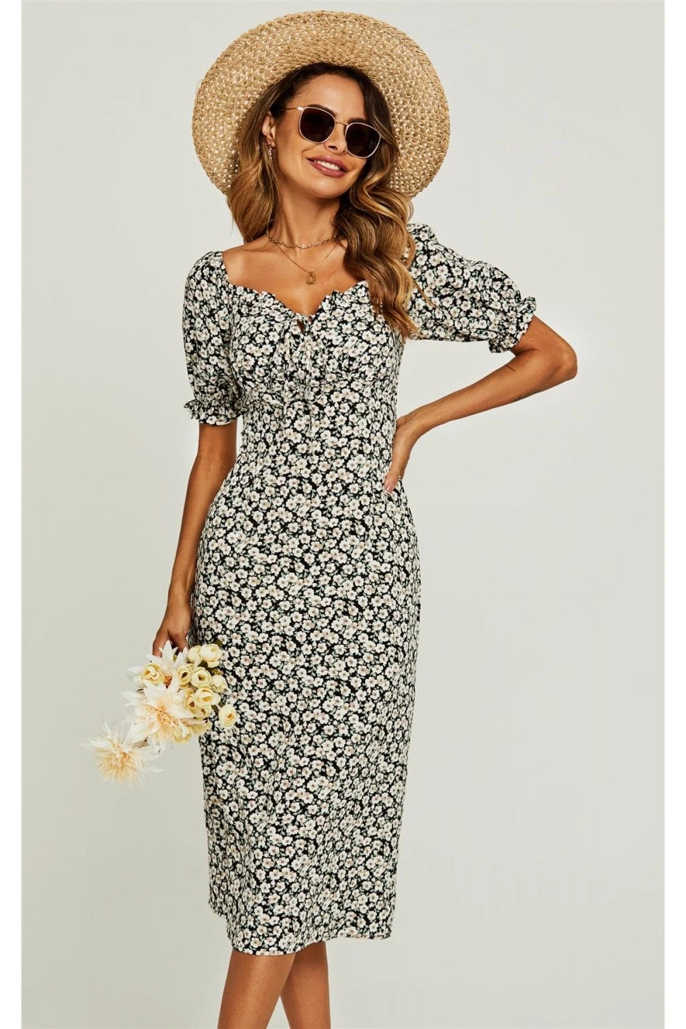Heart Neck Puff Sleeve Midi Dress