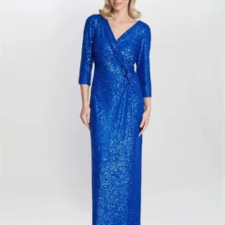 Jacynda Sequin 3/4 Sleeve Wrap Dress With Twist