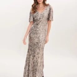 Jeselle Long V-Neck A-Line Sequin Dress