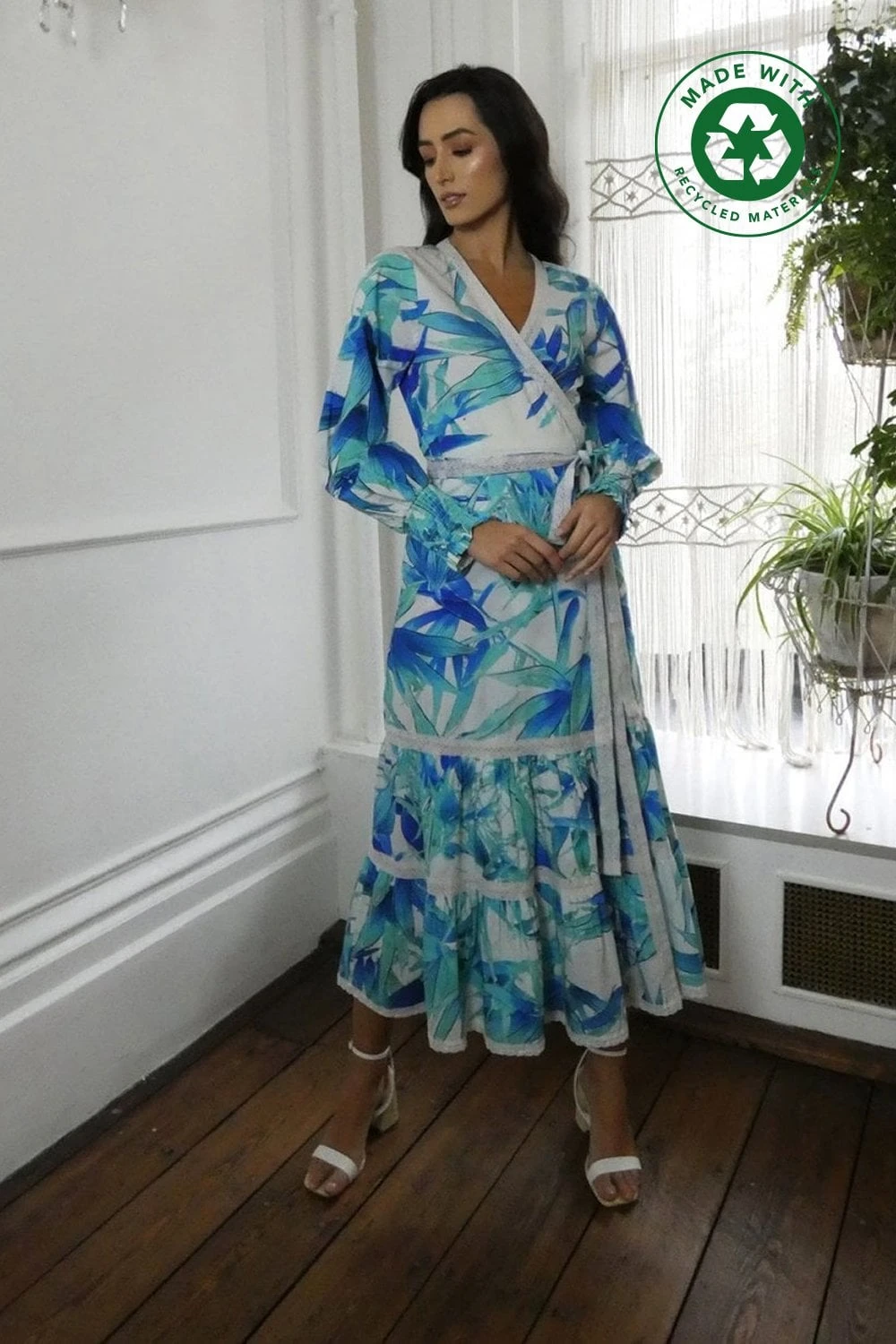 Lindsay Blue Wrap Floral Lace Maxi Dress