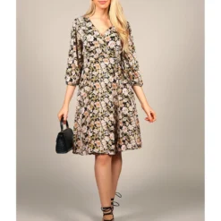 Long Sleeve Floral Print Wrap Dress In Black