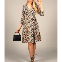 Long Sleeve Floral Print Wrap Dress In Black -Cheap My Dreamy Dress Store long sleeve floral print wrap dress in black p9219 96389 image