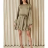 Long Sleeve Pleated Skater Dress Khaki