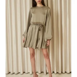 Long Sleeve Pleated Skater Dress Khaki