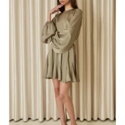 Long Sleeve Pleated Skater Dress Khaki -Cheap My Dreamy Dress Store long sleeve pleated skater dress khaki p10302 100758 image