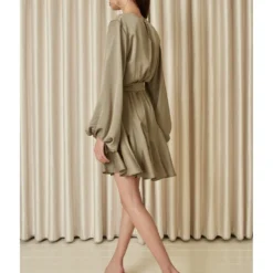 Long Sleeve Pleated Skater Dress Khaki -Cheap My Dreamy Dress Store long sleeve pleated skater dress khaki p10302 100759 image