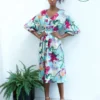 Maisie Ballon Sleeve Button Through Midi Dress In Blue Tropical Floral