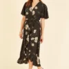 Mela Black Blossom Print Wrap Frill Midi Dress