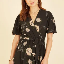 Mela Black Blossom Print Wrap Frill Midi Dress -Cheap My Dreamy Dress Store mela black blossom print wrap frill midi dress p15312 127750 image