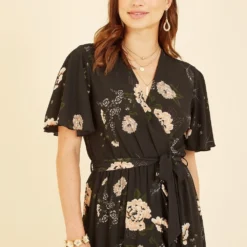 Mela Black Blossom Print Wrap Frill Midi Dress -Cheap My Dreamy Dress Store mela black blossom print wrap frill midi dress p15312 127751 image