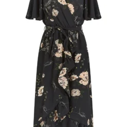 Mela Black Blossom Print Wrap Frill Midi Dress -Cheap My Dreamy Dress Store mela black blossom print wrap frill midi dress p15312 127752 image