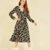 Mela Black Daisy Print Midi Dress With Long Sleeves