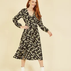 Mela Black Daisy Print Midi Dress With Long Sleeves