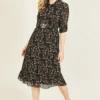 Mela Black Ditsy Floral Pleated Skirt Dress