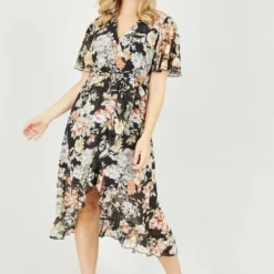 Mela Black Floral High Low Wrap Dress