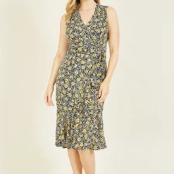 Mela Black Floral Wrap Over Midi Dress