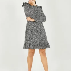 Mela Black Paisley Printed Skater Dress With Frill Shoulders -Cheap My Dreamy Dress Store mela black paisley printed skater dress with frill shoulders p10390 111802 image