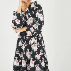Mela Black Rose Print Frill Layered Hem Dress -Cheap My Dreamy Dress Store mela black rose print frill layered hem dress p10391 111895 image