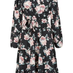 Mela Black Rose Print Frill Layered Hem Dress -Cheap My Dreamy Dress Store mela black rose print frill layered hem dress p10391 111897 image