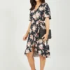 Mela Black Rose Print Wrap Frill Jersey Dress