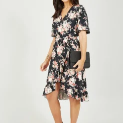Mela Black Rose Print Wrap Frill Jersey Dress