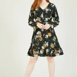 Mela Black Rose Skater Dress With Frill Hem