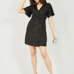 Mela Black Sequin Kimono Sleeve Wrap Dress -Cheap My Dreamy Dress Store mela black sequin kimono sleeve wrap dress p10134 111751 image