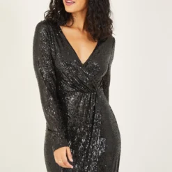 Mela Black Sequin Wrap Maxi Dress -Cheap My Dreamy Dress Store mela black sequin wrap maxi dress p10855 108839 image