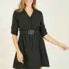 Mela Black Shirt Dress With Gold Buckle Belt