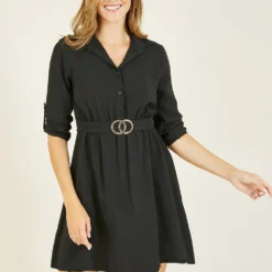 Mela Black Shirt Dress With Gold Buckle Belt