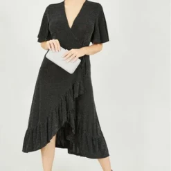 Mela Black Sparkle Frill Wrap Dress