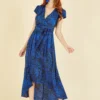 Mela Blue Animal Print Dip Hem Midi Wrap Dress
