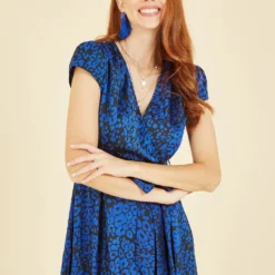 Mela Blue Animal Print Dip Hem Midi Wrap Dress -Cheap My Dreamy Dress Store mela blue animal print dip hem midi wrap dress p15022 126570 image