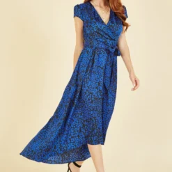 Mela Blue Animal Print Dip Hem Midi Wrap Dress -Cheap My Dreamy Dress Store mela blue animal print dip hem midi wrap dress p15022 126572 image