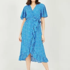 Mela Blue Ditsy Daisy Wrap Front Midi Dress