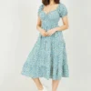 Mela Blue Ditsy Flower Sweetheart Neckline Bardot Dress