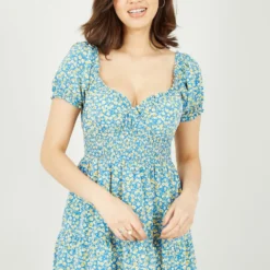 Mela Blue Ditsy Flower Sweetheart Neckline Bardot Dress -Cheap My Dreamy Dress Store mela blue ditsy flower sweetheart neckline bardot dress p12203 112594 image