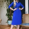 Mela Blue Pleated Skirt Midi Dress With Gold Buckle
