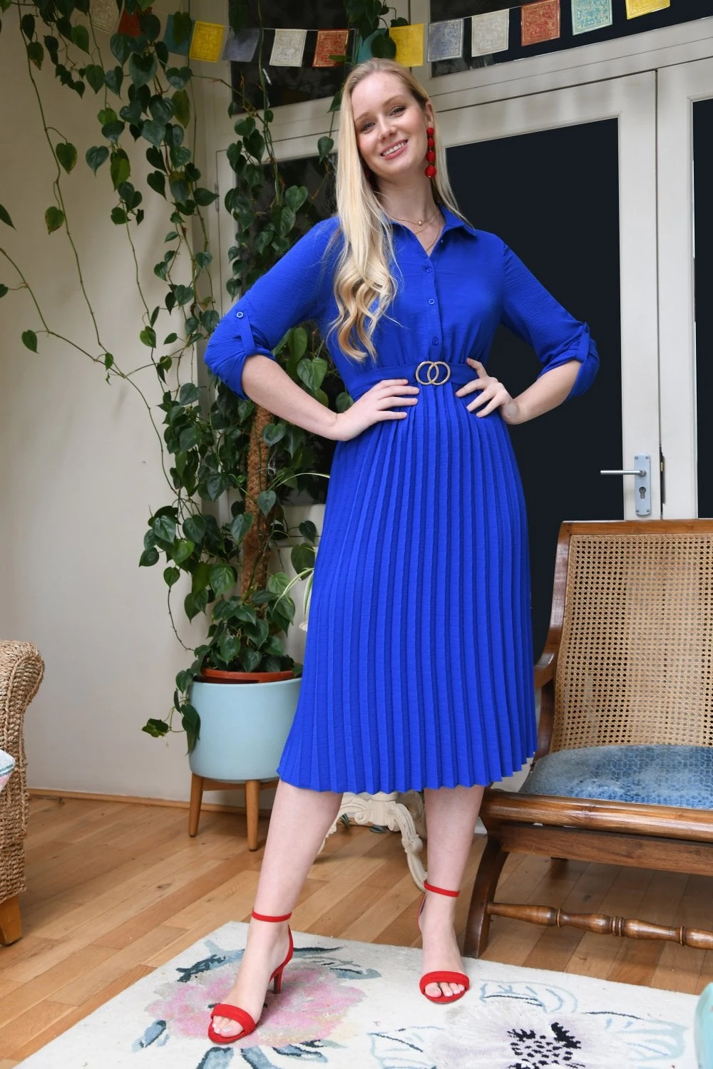 Mela Blue Pleated Skirt Midi Dress With Gold Buckle 1 Mela Blue Pleated Skirt Midi Dress With Gold Buckle
