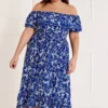 Mela Blue Plus Size Ditsy Floral Bardot Maxi Dress