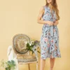 Mela Blue Rose Garden Wrap Over Sleeveless Midi Dress