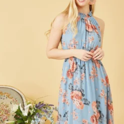 Mela Blue Rose Halter Neck Dipped Midi Dress