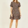 Mela Ditsy Print Skater Dress With Frill Detail