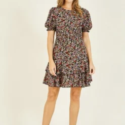 Mela Ditsy Print Skater Dress With Frill Detail