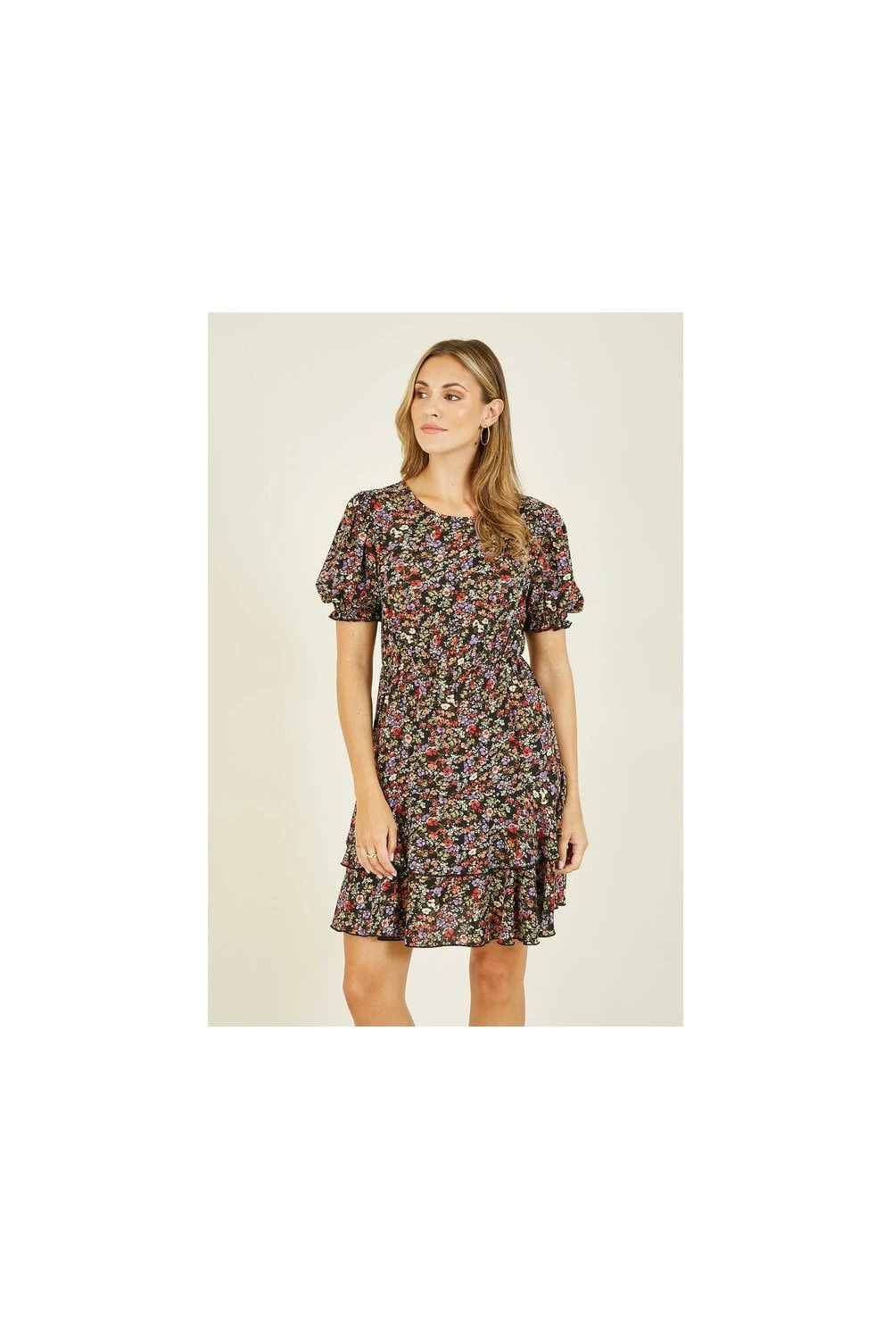 Mela Ditsy Print Skater Dress With Frill Detail 2 Mela Ditsy Print Skater Dress With Frill Detail - Image 2