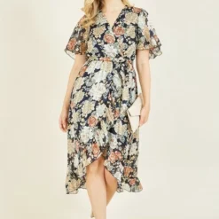 Mela Floral Lurex Print Wrap Over Midi Dress