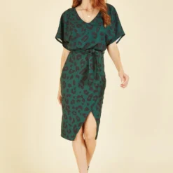 Mela Green Animal Print Kimono Sleeve Wrap Dress